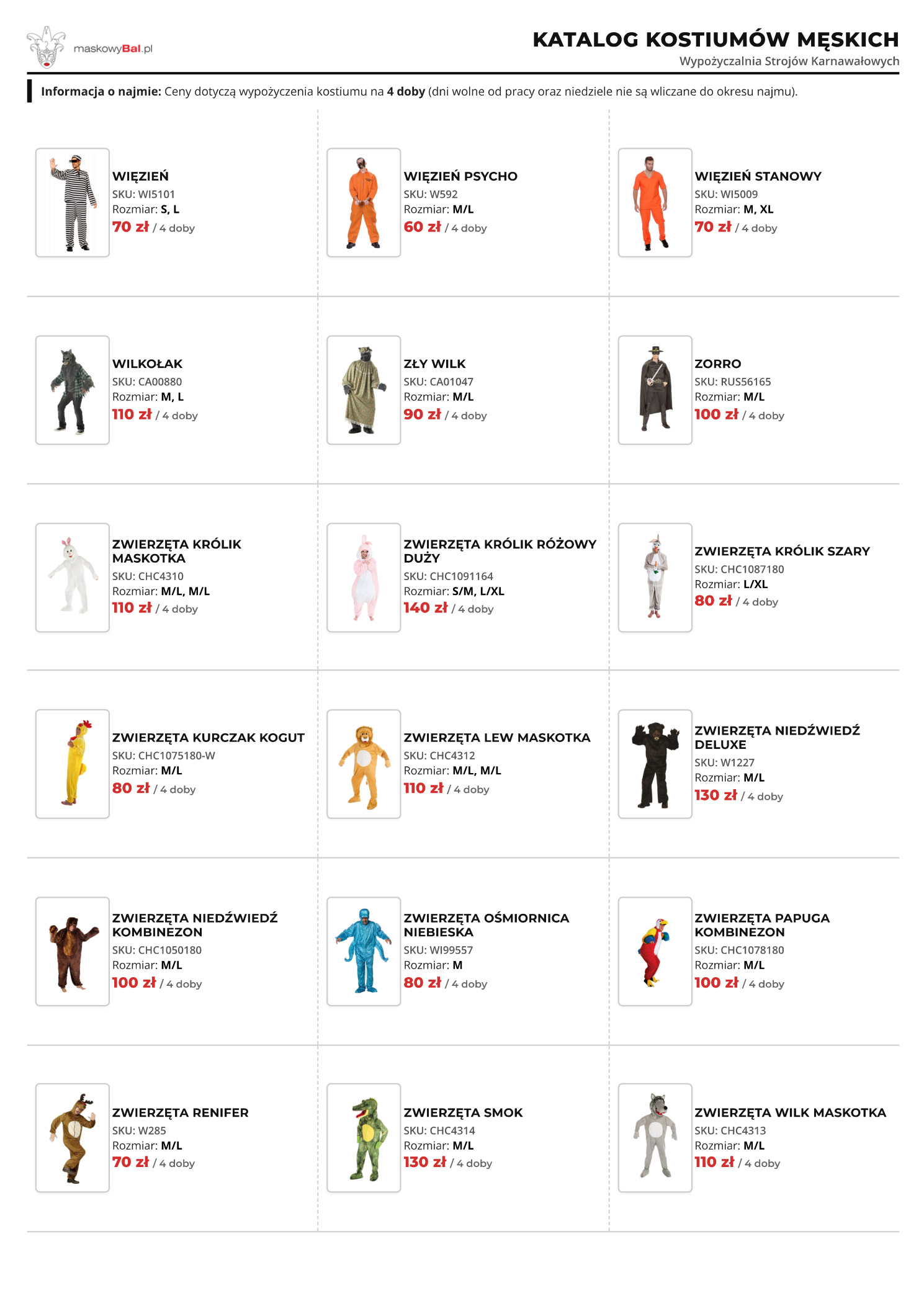 Katalog męski wypożyczalni strojów Maskowy Bal